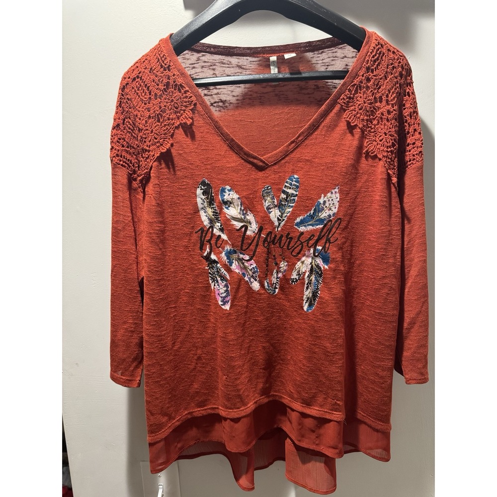 Cato Est 1946 Women Orange 3/4 Sleeve V-Neck Lace Beaded Feather Top Medium